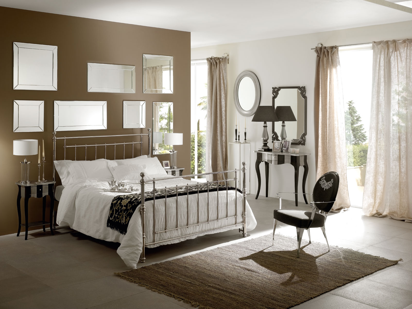 brun-accent-de-couleur-mur-schéma-de-moderne-chambre-d'adolescent-design-avec-miroir-mural-décoratif-sur-métal-cadre-de-lit-et-cool-noir-tissu-fauteuil-sur- moquette-marron